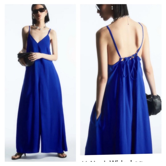 COS V Neck Wide Leg Jumpsuit Womens Size Large Blue - Picture 3 of 11